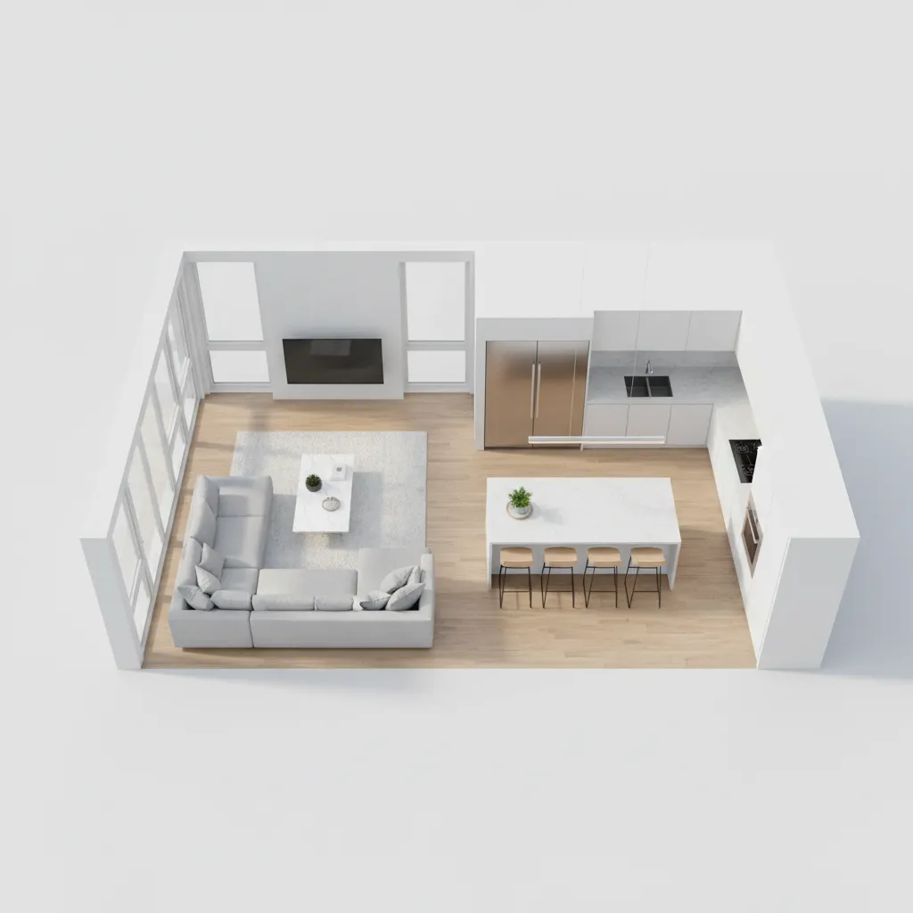 Visualización 3D de distribución de una vivienda moderna
