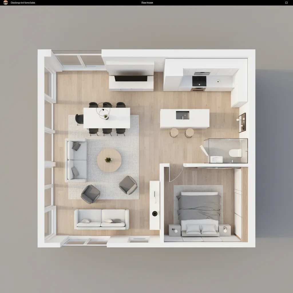Visualización 3D de la distribución de un apartamento moderno
