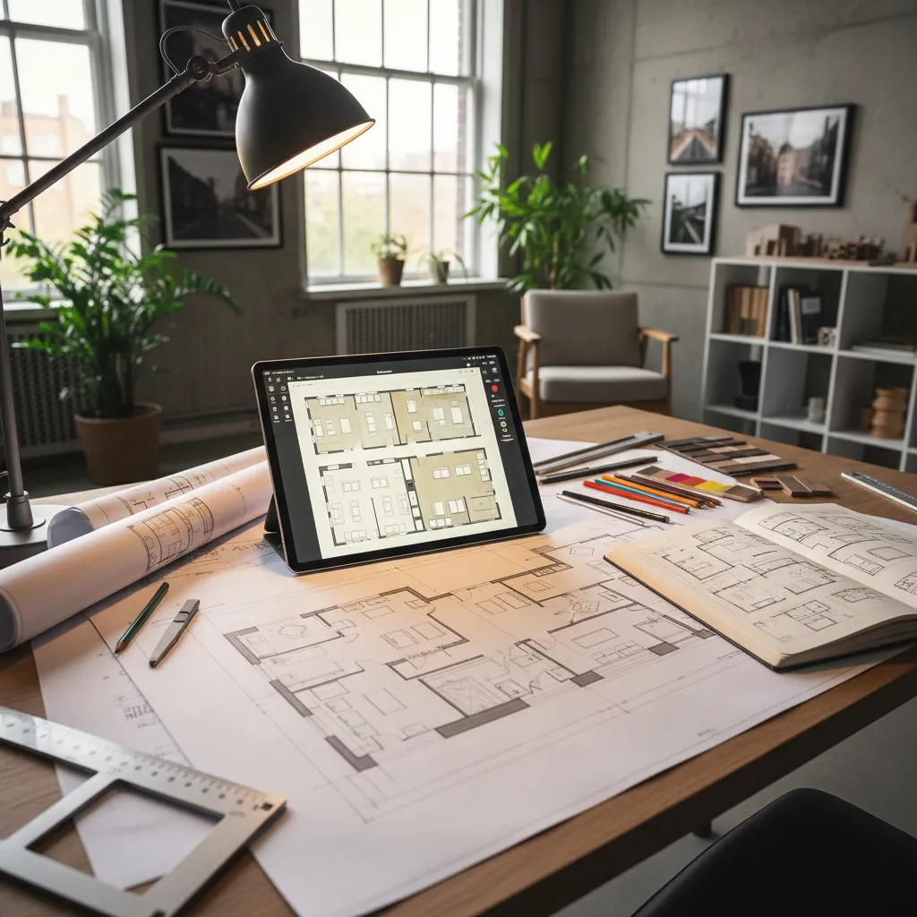 Proceso de diseño interior utilizando planos y visualización espacial
