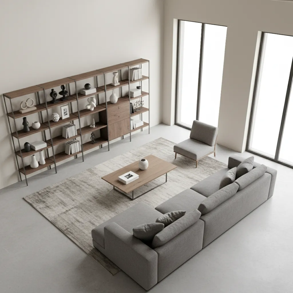 3D interior layout showing furniture placement in a modern living room floor plan model