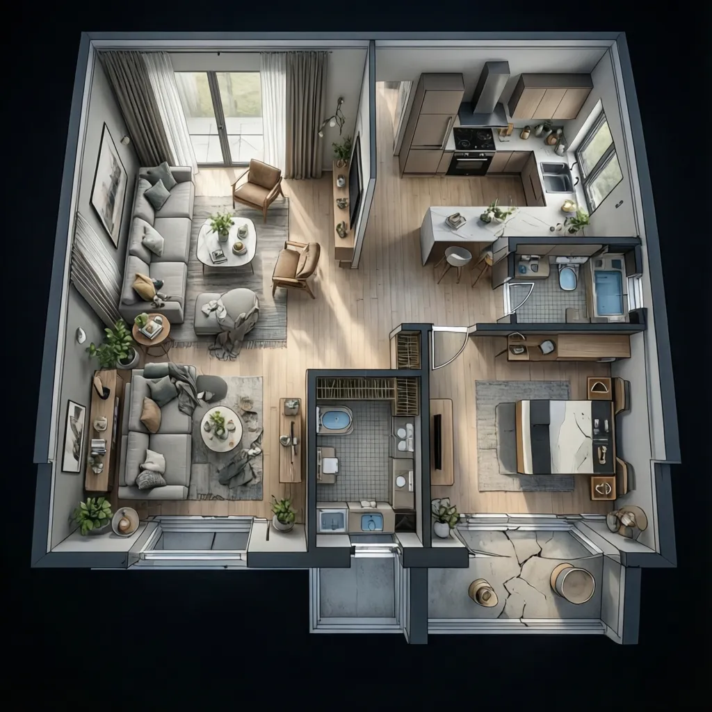 3D interior layout showing furniture arrangement derived from floor plan