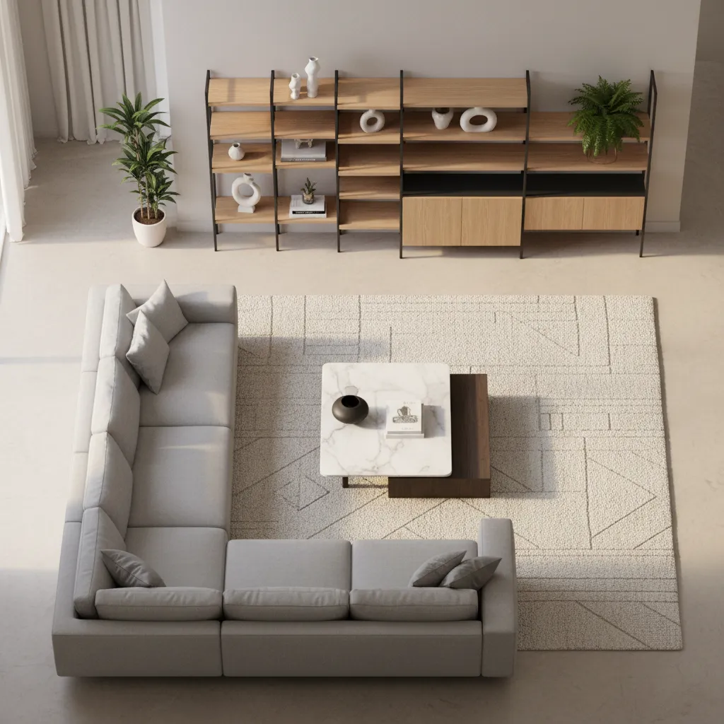 3D interior layout showing furniture placement in a living room design