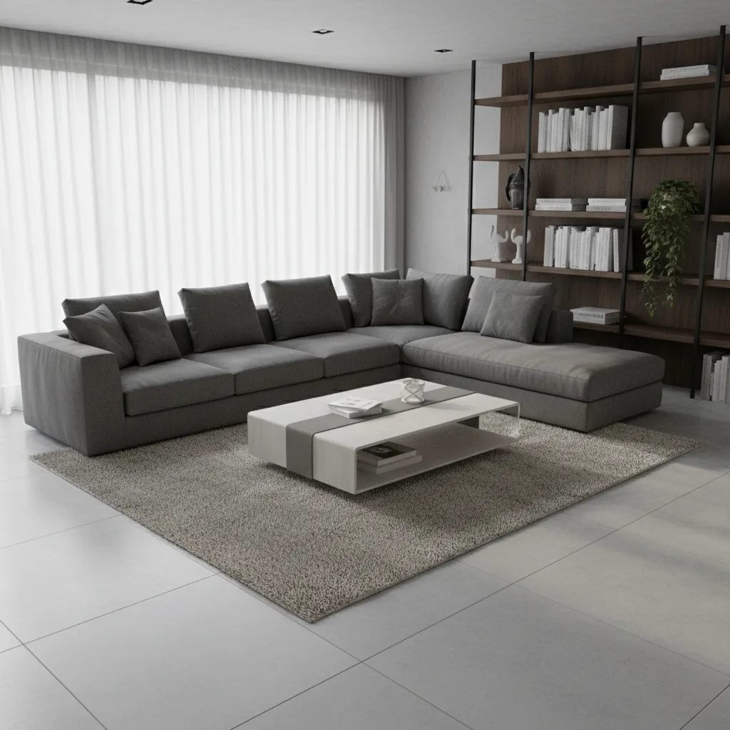 3D modeled living room layout showing furniture placement and spatial planning