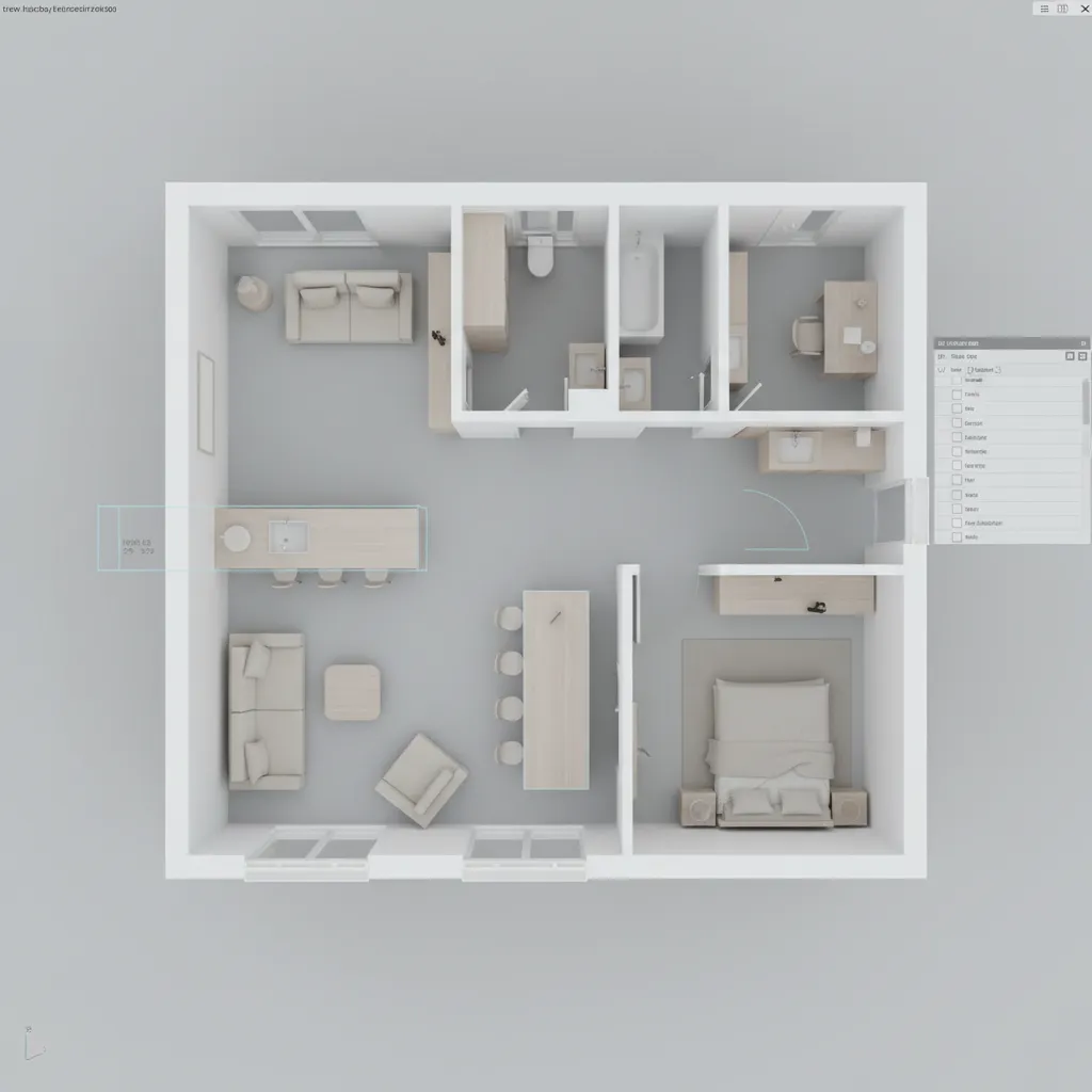 3D modeling software view showing walls and furniture layout from a floor plan