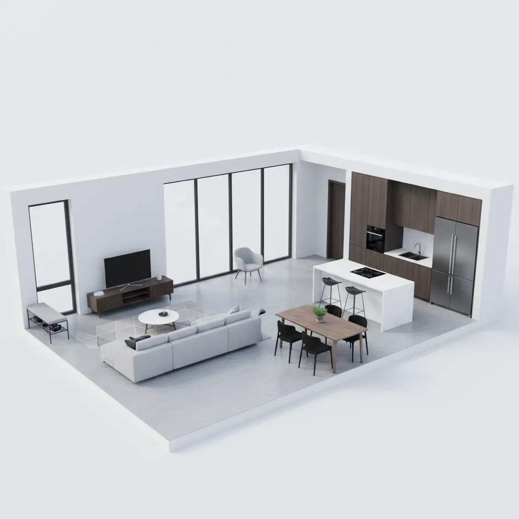 Visualización 3D de distribución interior moderna