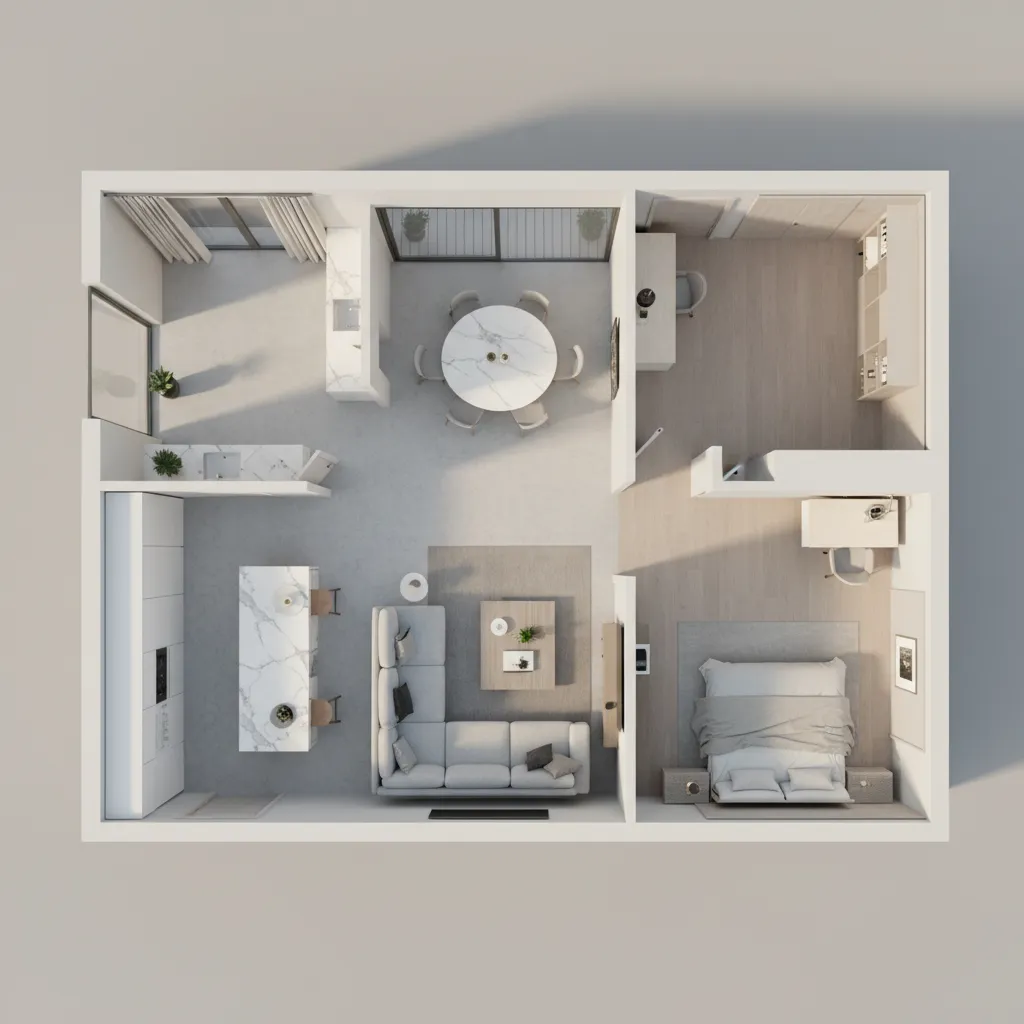 Top down 3D room layout of a modern apartment with kitchen living area and bedroom
