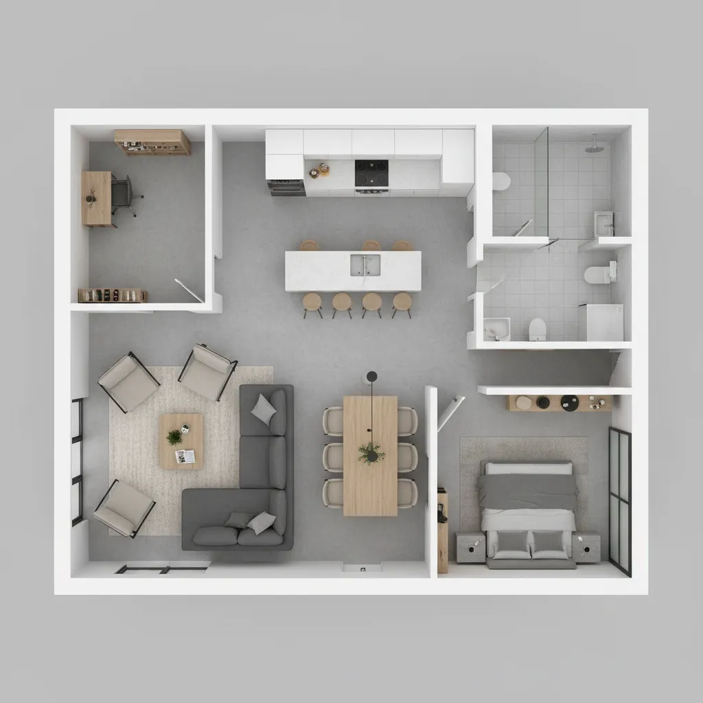 Visualización 3D de un plano de interior con muebles colocados digitalmente