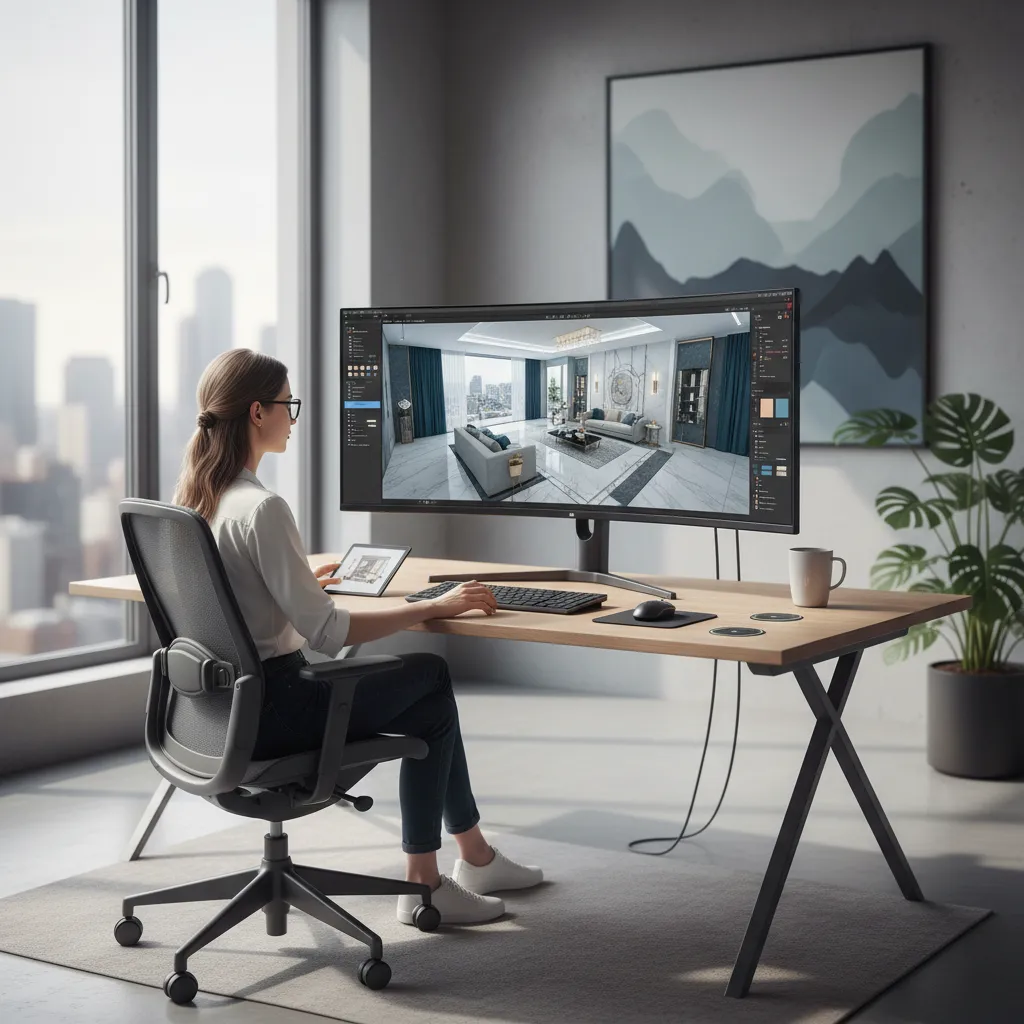 Diseñador creando distribución interior en software 3D