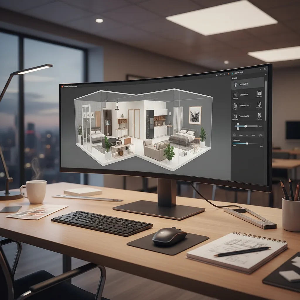 Pantalla con plano 3D de apartamento diseñado digitalmente