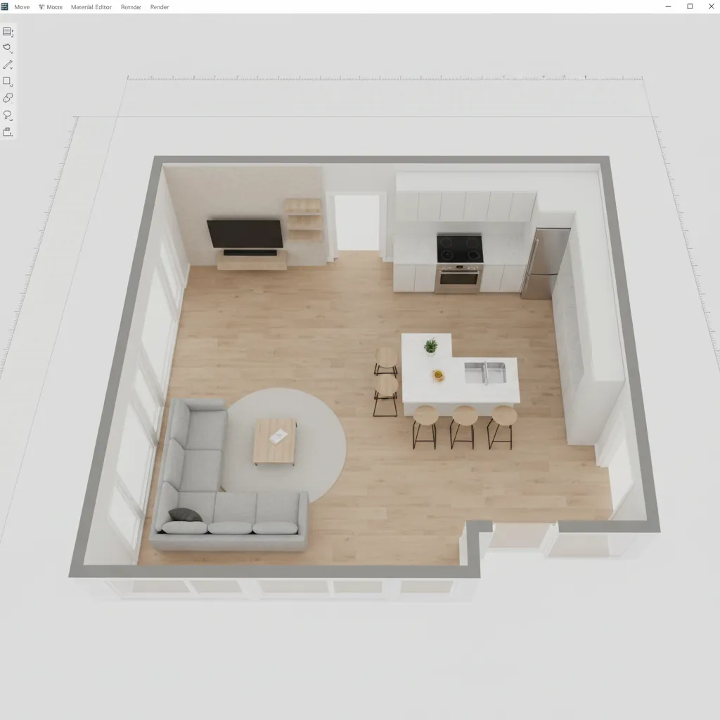 Plano digital de un apartamento con distribución de muebles en software 3D