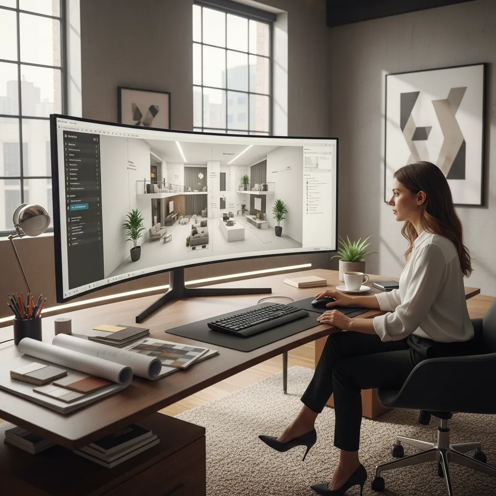 Diseñador trabajando con plano 3D de interior moderno