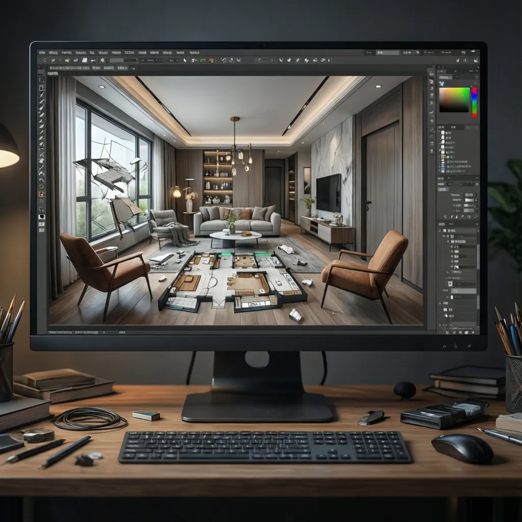 Visualización 3D de distribución interior de vivienda