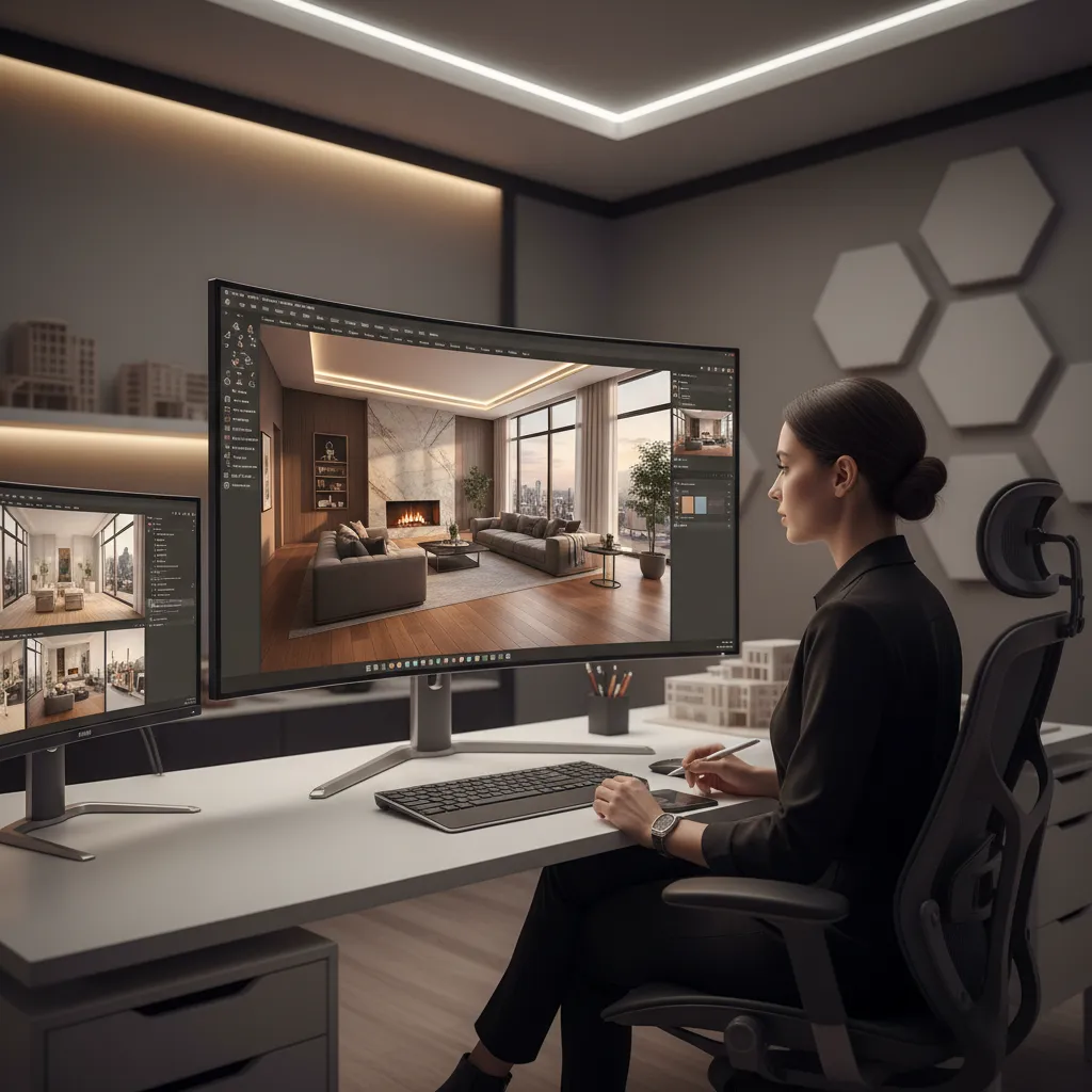 Designer at a desk using a large monitor to create a modern living room layout