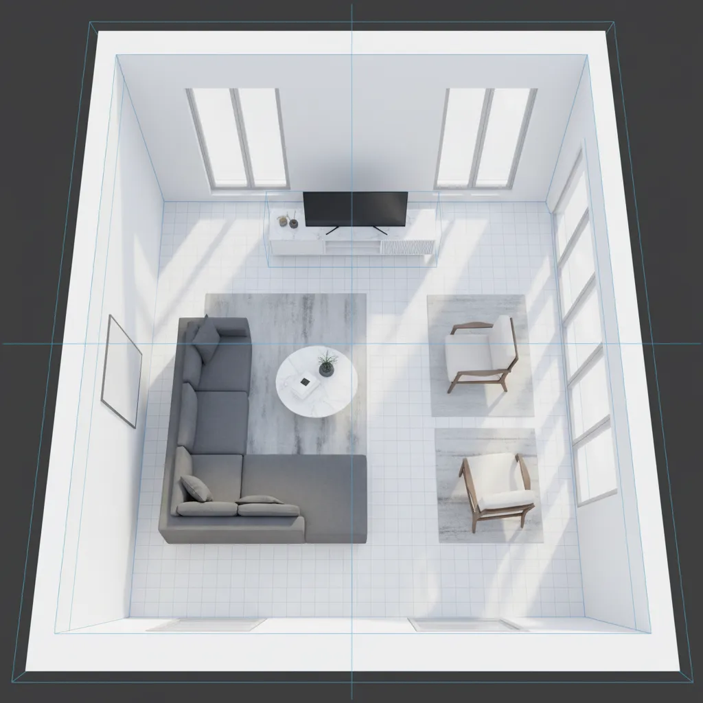 3D interior layout planning with furniture placement in design software