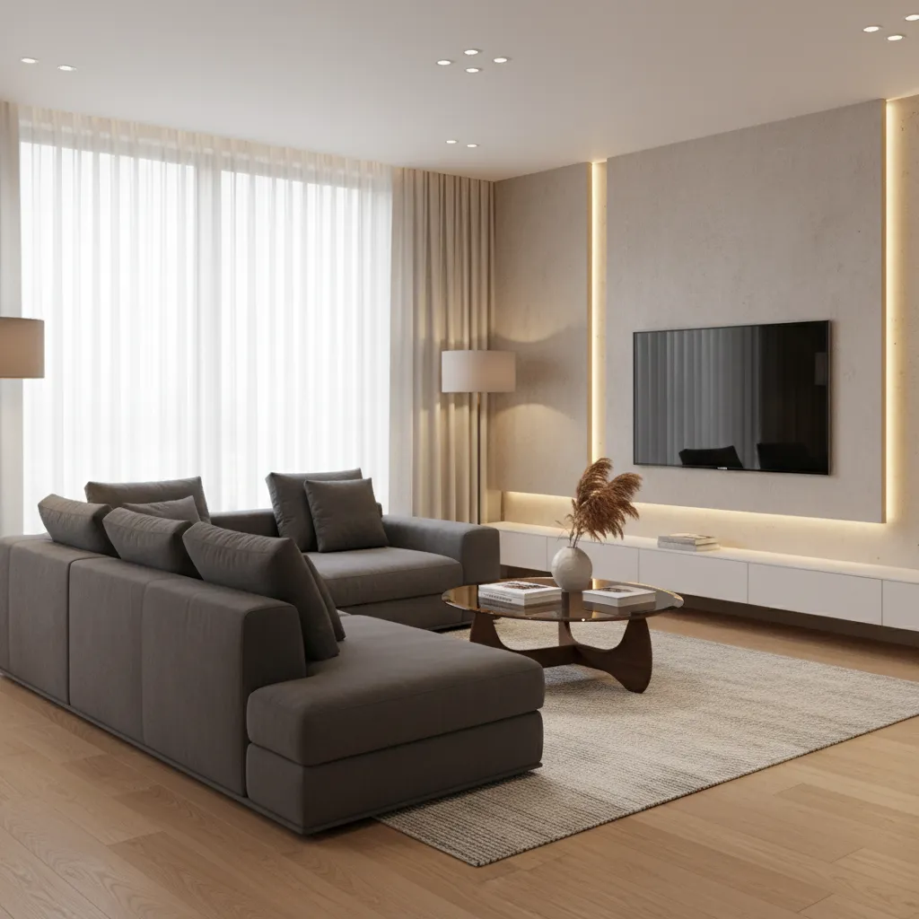 3D rendered interior layout showing furniture placement and lighting