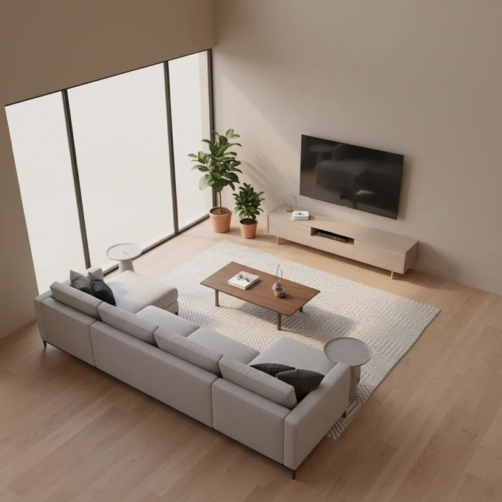 3D interior design layout showing furniture arrangement in a living room render