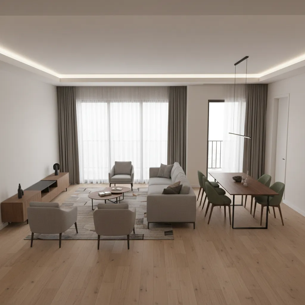 Interior design layout rendering showing furniture placement and room proportions