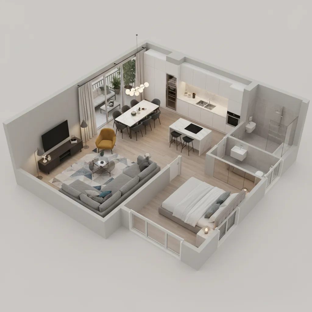 Visualización digital 3D de la distribución de un apartamento