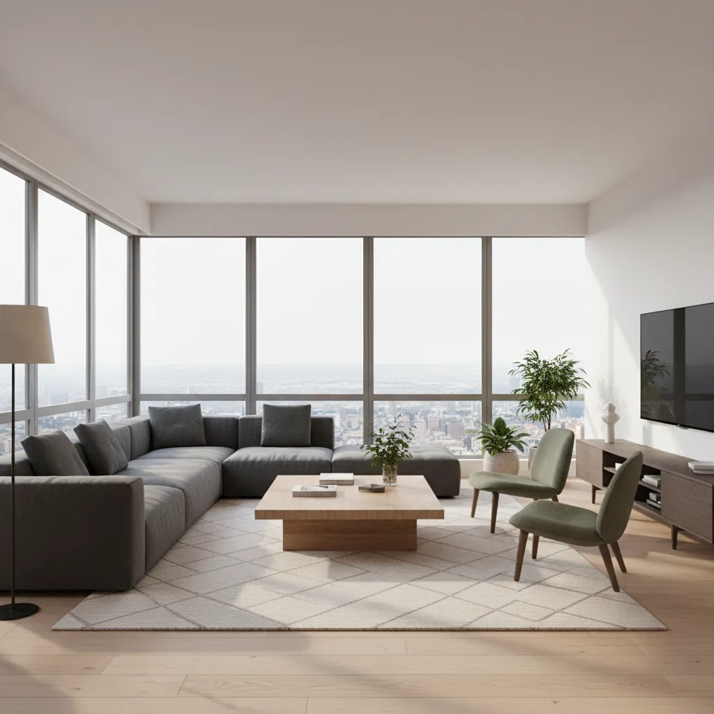 Visualización 3D de la distribución de muebles en un salón moderno