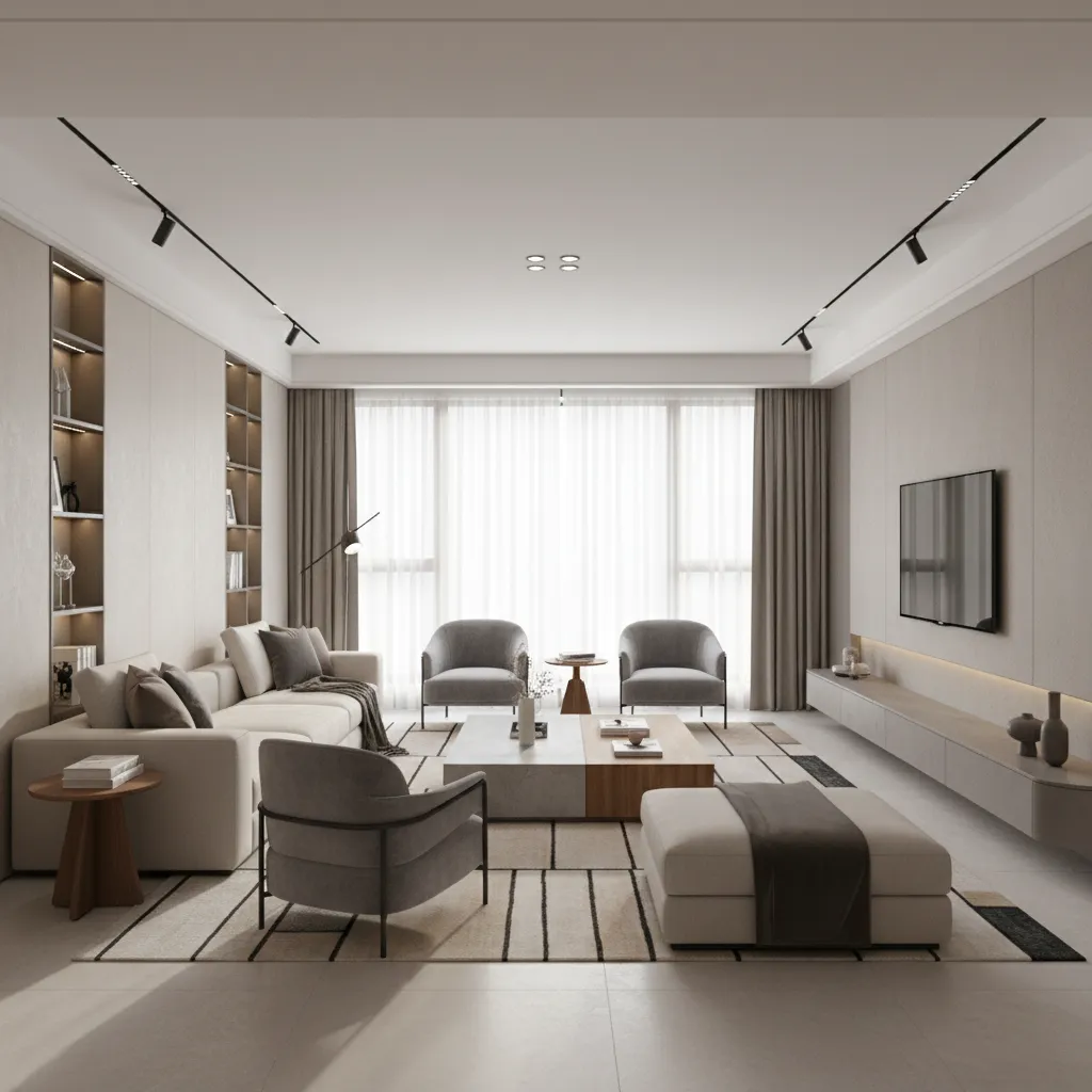 Visualización 3D de un salón mostrando distribución de muebles y proporciones del espacio