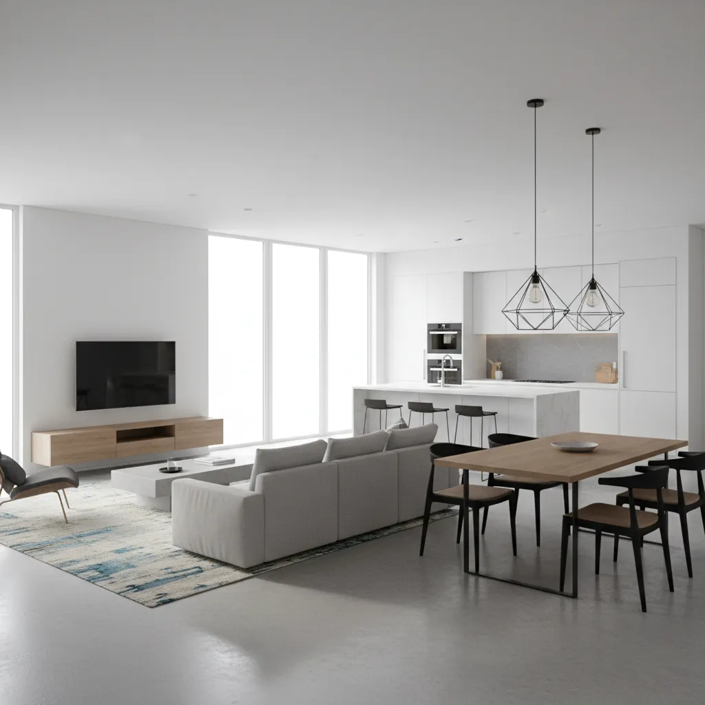 3D rendered apartment layout showing furniture placement and lighting