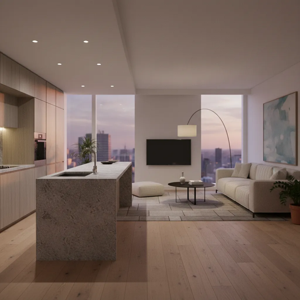 Modern interior design drawing showing a kitchen island white sofa coffee table and city view