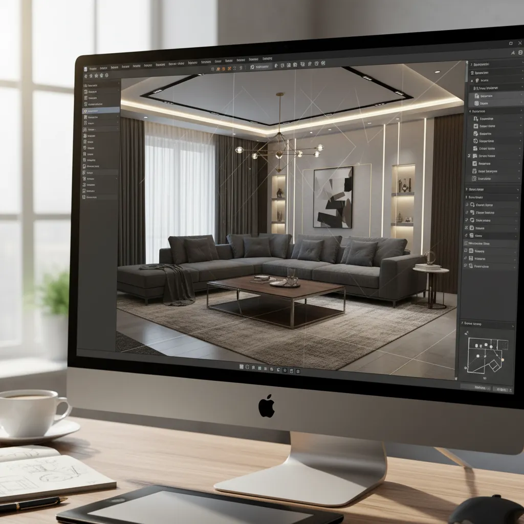 Modelo 3D de salón creado para planificar un proyecto de interiorismo