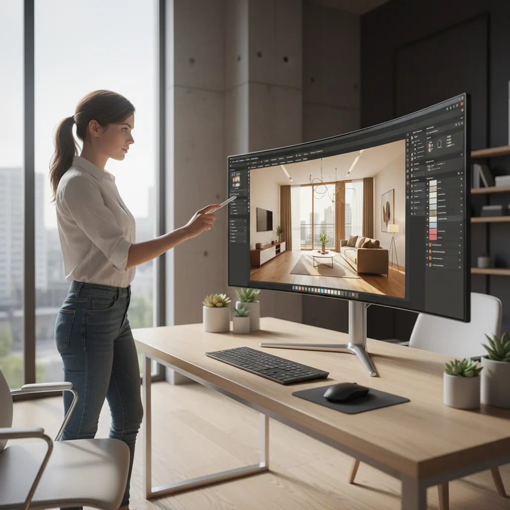 Interior designer presenting a realistic 3D apartment model on a computer screen