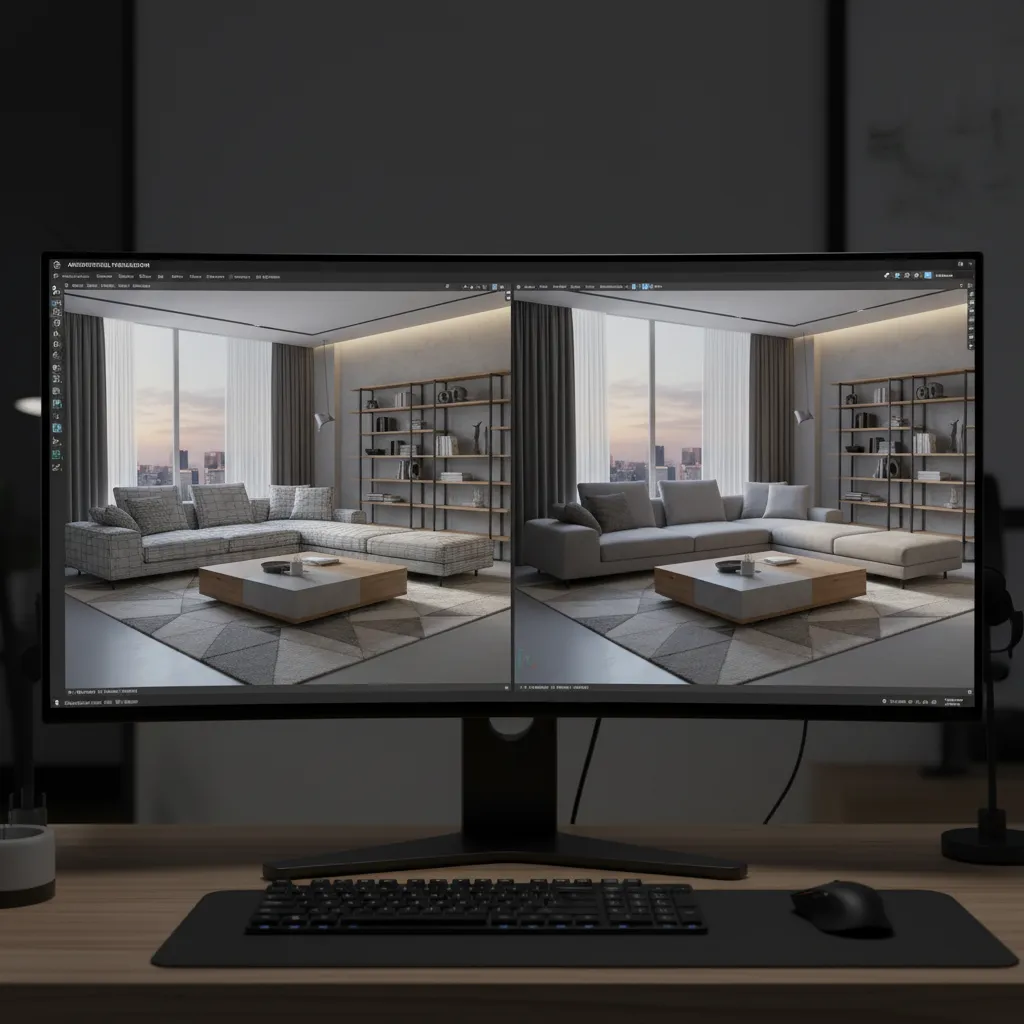 3D modeling software interface showing a modern living room model in development
