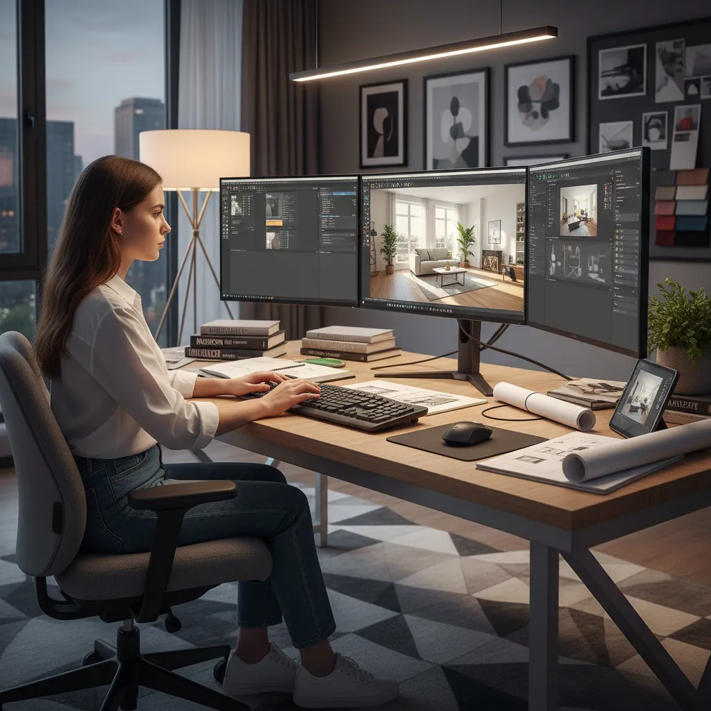 Estudiante trabajando en un modelo 3D de diseño interior en computadora