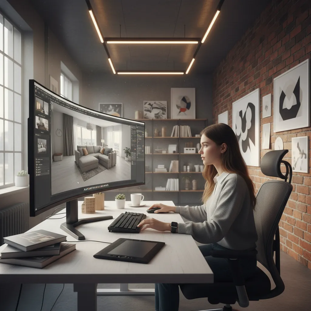 Estudiante trabajando en modelado 3D de un interior en ordenador