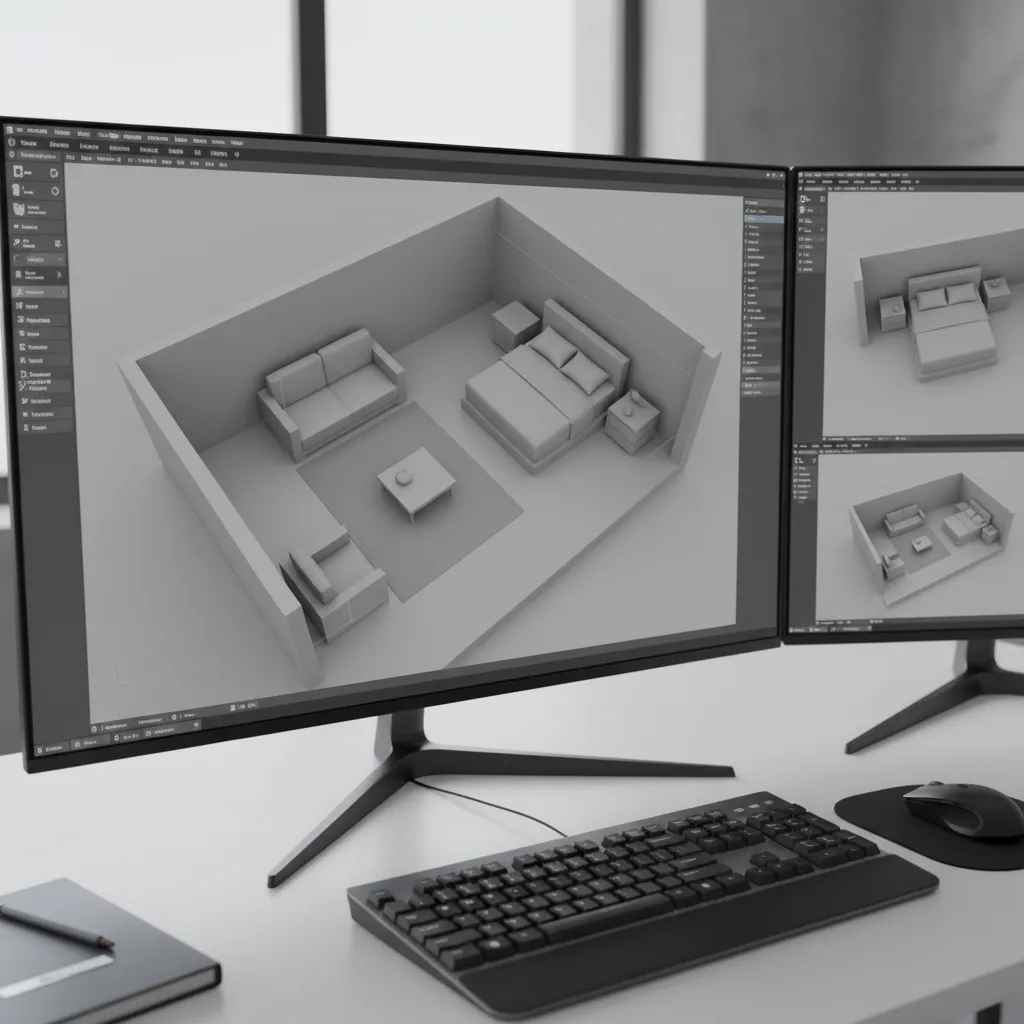 Interior 3D modeling scene showing furniture layout before rendering
