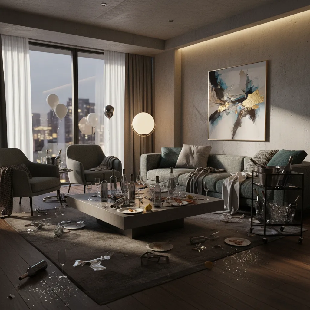 Render 3D de un salón con decoración de fiesta desordenada