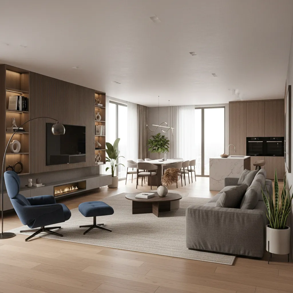 Render 3D de un interior usando perspectiva de dos puntos