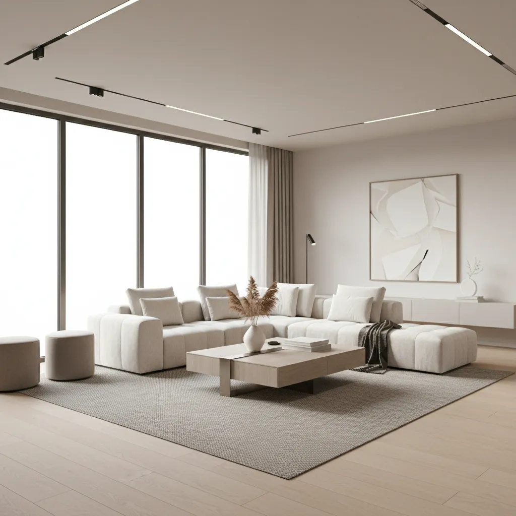 Render 3D realista de un salón moderno utilizado en un proyecto de interiorismo