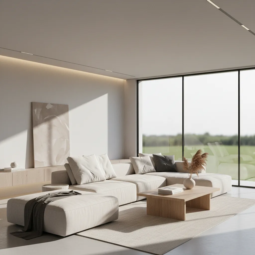 Modern bright living room with cream sofa wooden coffee table large windows and green lawn