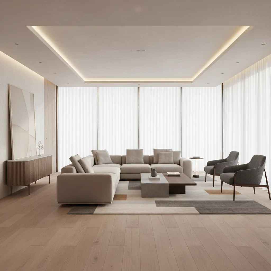 Render 3D realista de un salón moderno antes de su construcción