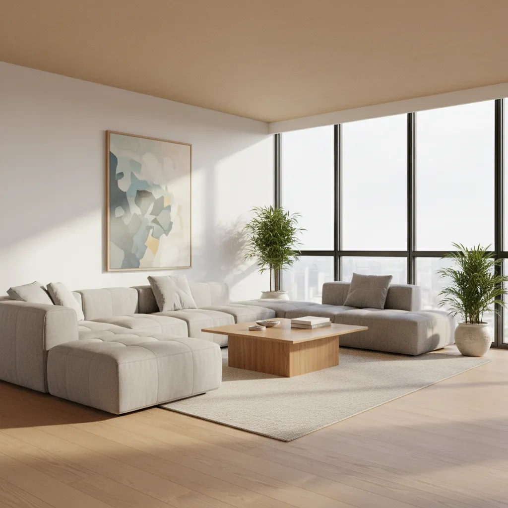 Modern interior design drawing with large grey sofa wooden coffee table and big bright windows