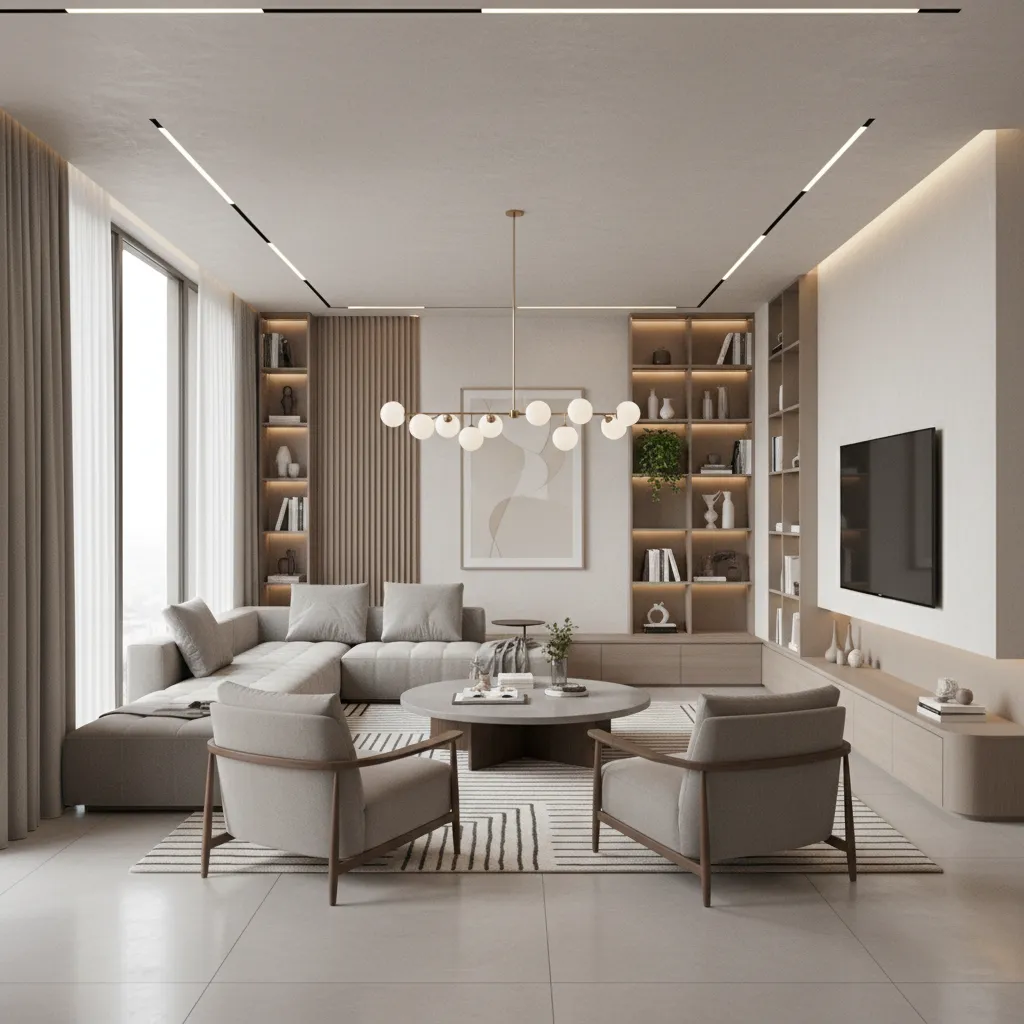 Render 3D realista de una sala moderna