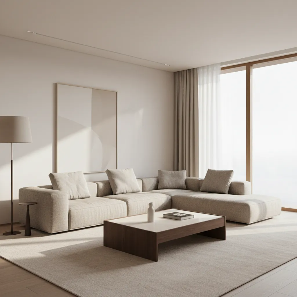 photorealistic 3D interior render of modern living room with sofa lighting and decor