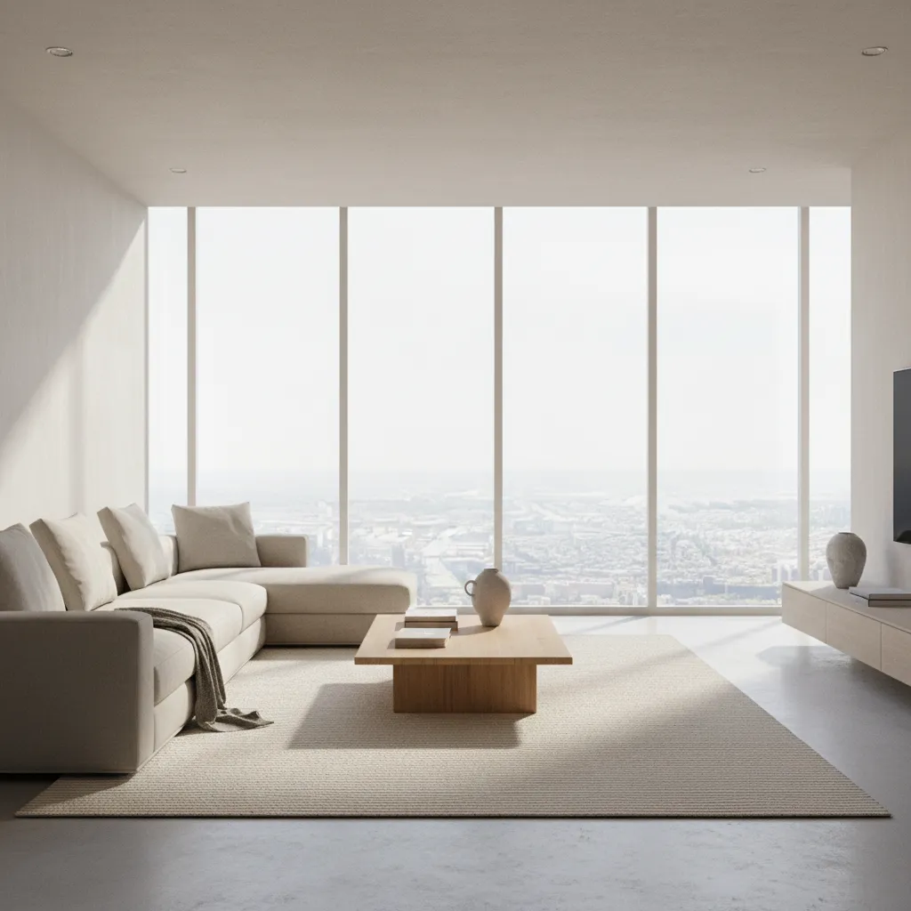 Photorealistic 3D rendering of a modern living room interior