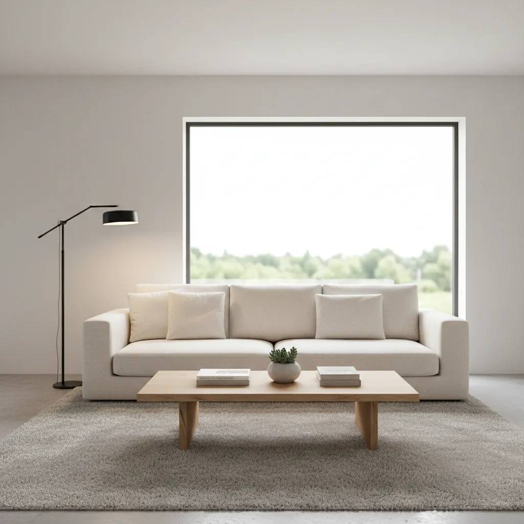 Photorealistic 3D render of a modern living room interior