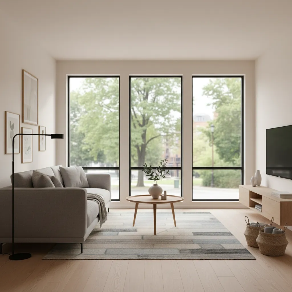 Modern minimalist living room with grey sofa wooden floor round coffee table and large windows