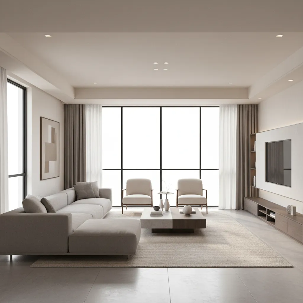 Visualización 3D realista de un salón moderno creada en software de diseño