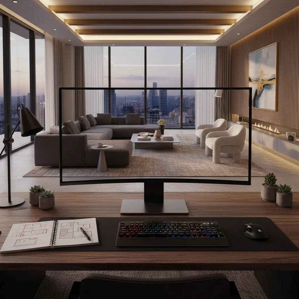 Modern workstation showing a living room interior design drawing with city view on large screen