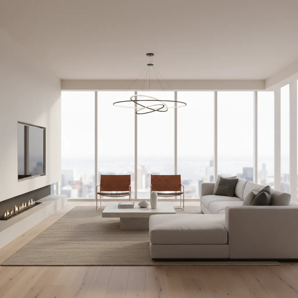Render 3D realista de salón moderno generado con software de diseño