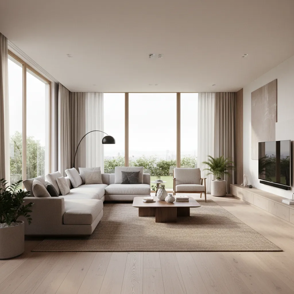 Minimalist interior design drawing of living room with grey sofa wooden table and large windows