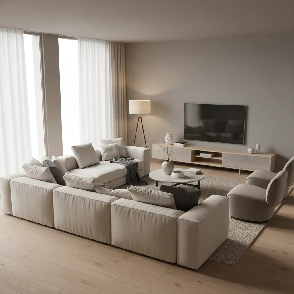 Modern living room with beige sofa wooden floor large windows and a flat screen TV