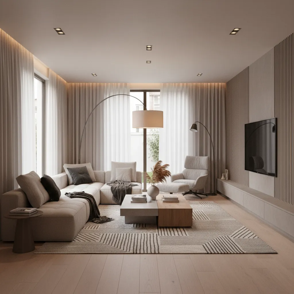 Render 3D realista de un salón moderno diseñado digitalmente