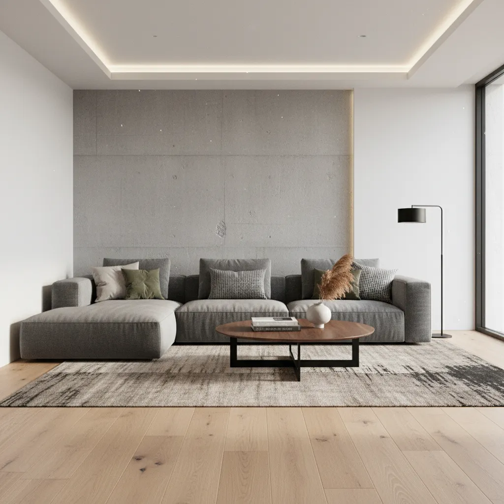 Modern living room with grey sofa, concrete wall panel, wood floor, and black floor lamp